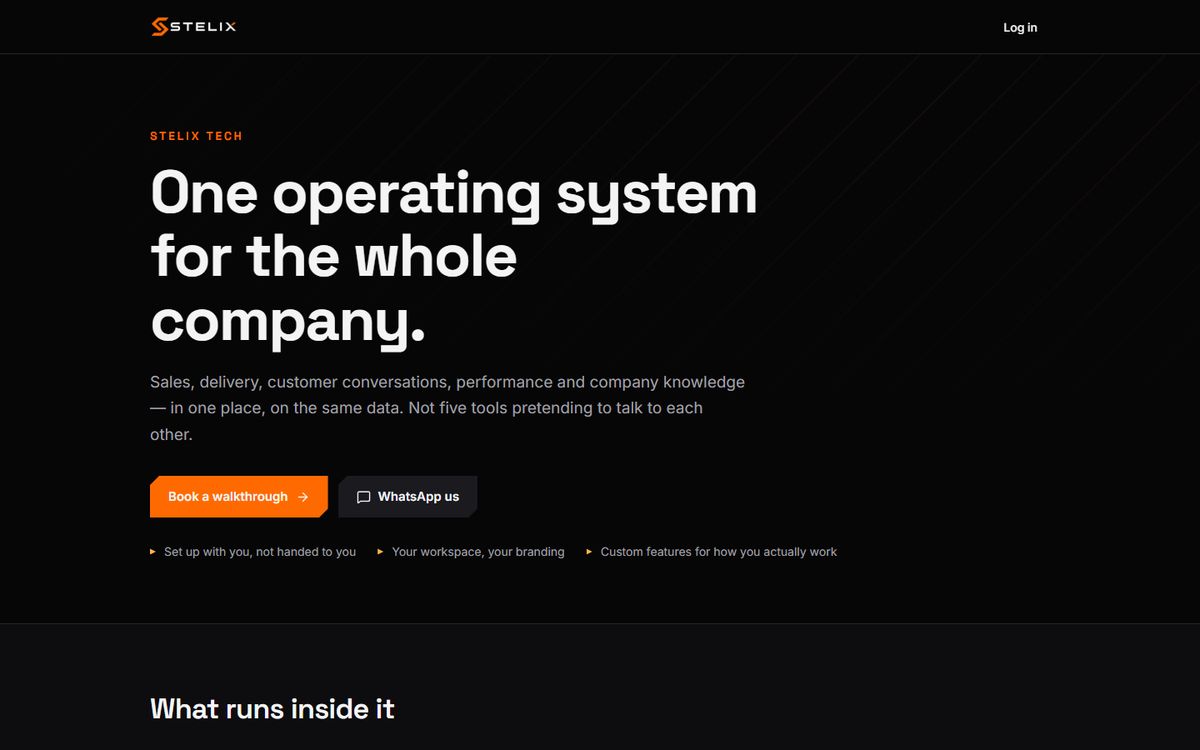 Stelix OS showing a sales pipeline and customer records
