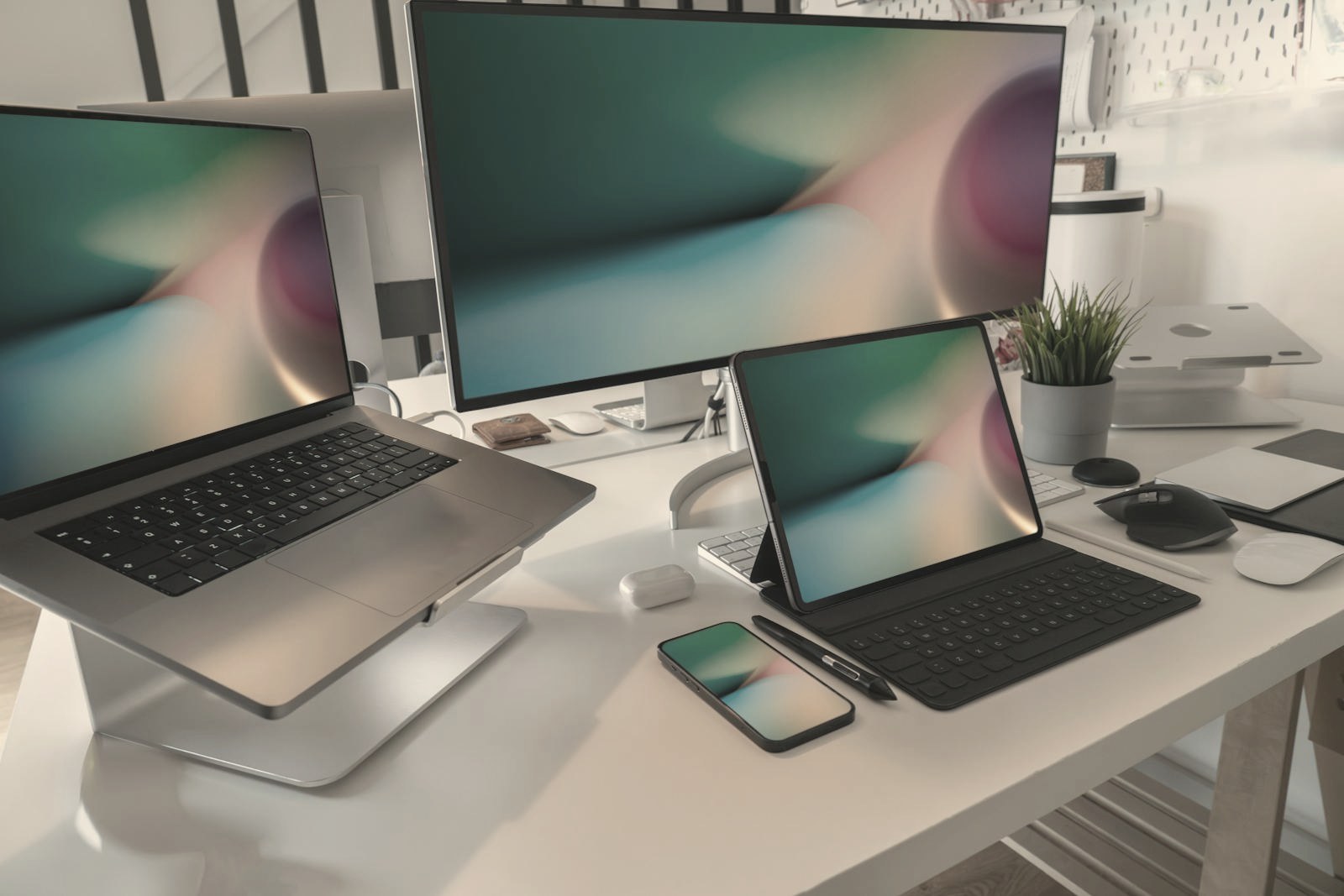 Ads, website, and WhatsApp in sync across a laptop, monitor, tablet, and phone